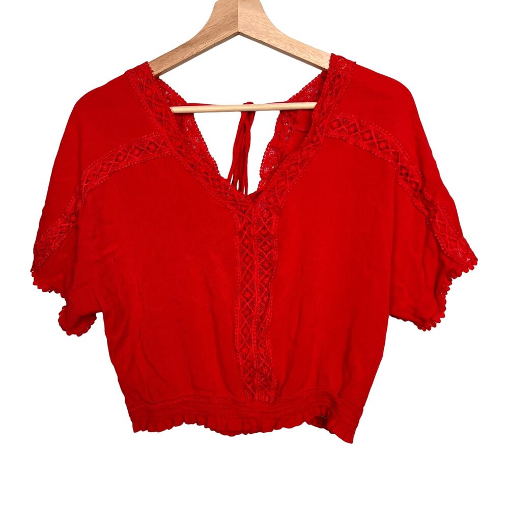 Rose and Grey Large Red‎ Lacy Inset Bohemian Festival Top Short V-Neck